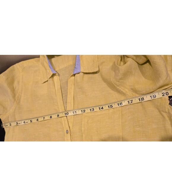 Sigrid Olsen Linen Button Down Shirt Yellow Coastal Preppy Pocket Long Sleeve SM - Picture 7 of 9